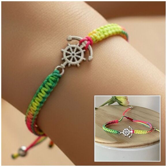 Jewelry - Nautical Anchor & Ship Wheel Bracelet Silver Beads Adjustable Rope Unisex 6-9"
